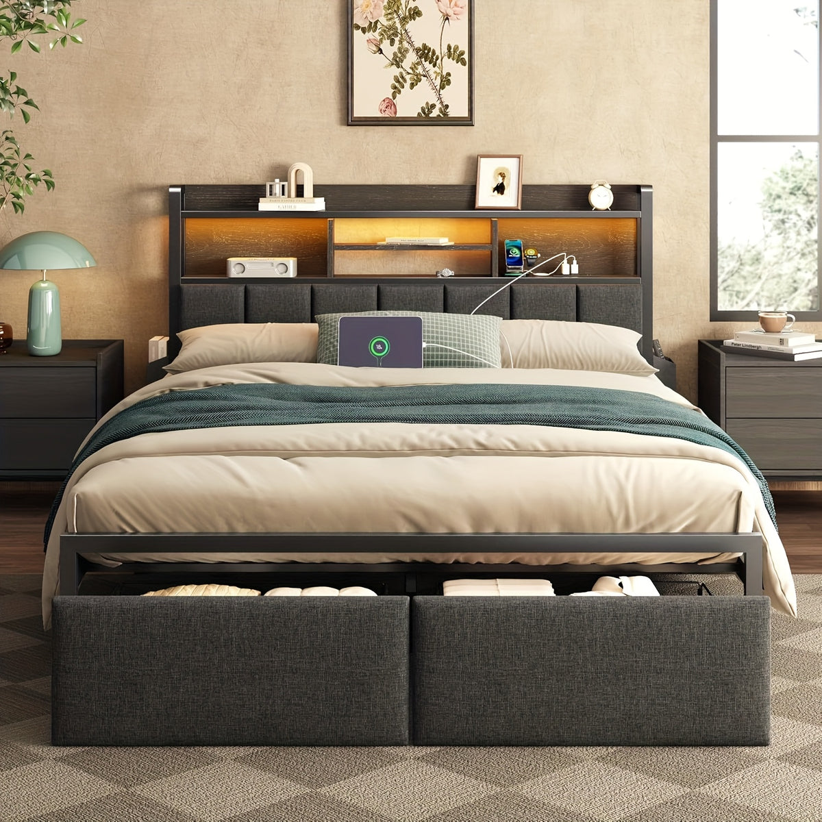 full upholstered platform bed storage drawers usb charging - Temu