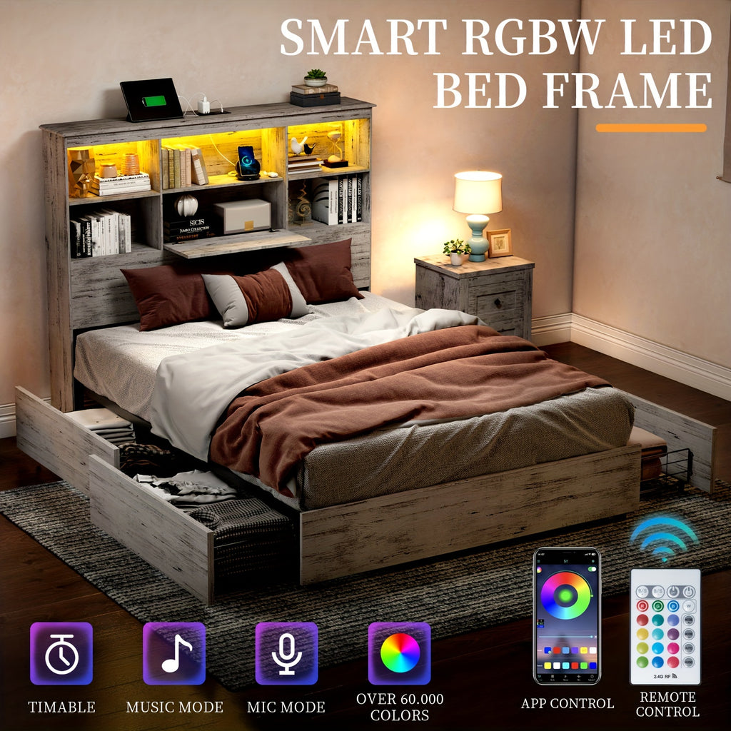 led bookcase headboard bed frame featuring a charging - Temu