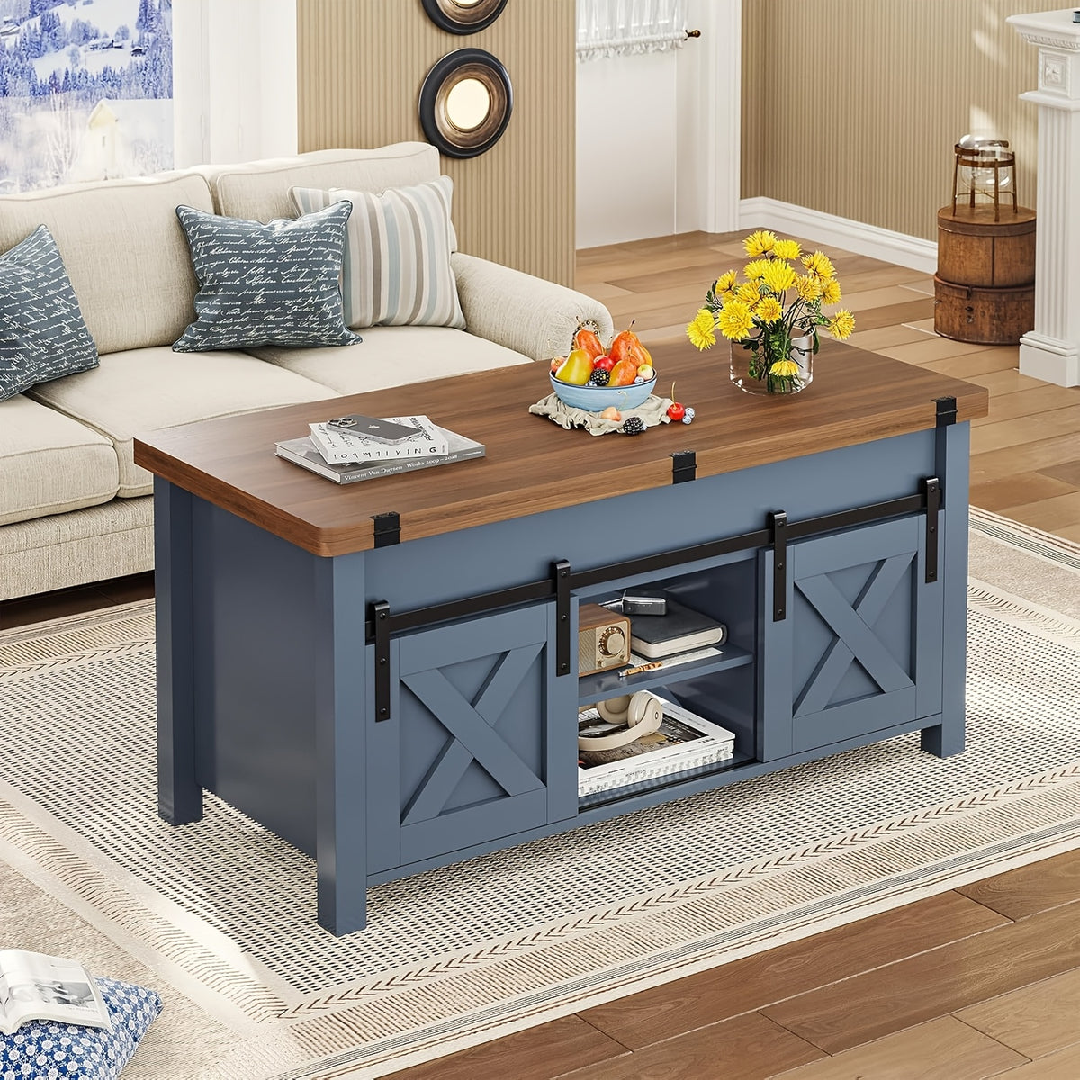 farmhouse lift top coffee table hidden compartments open - Temu