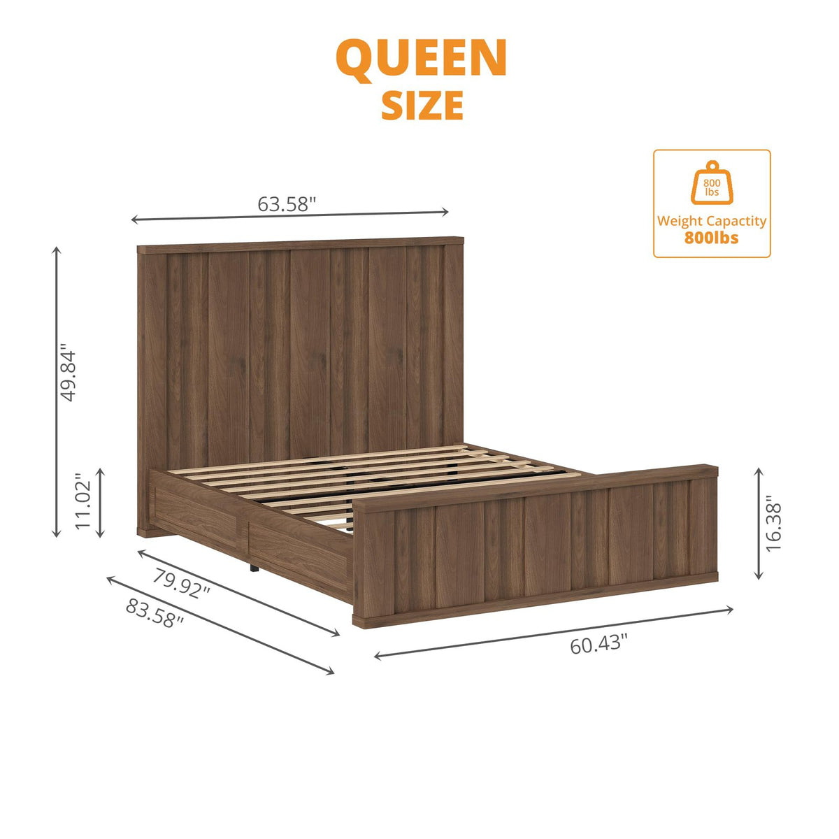 queen size platform bed frame tall wood headboard wood slats - Temu