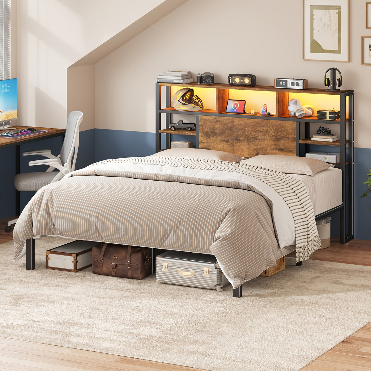 full queen king bed frame storage headboard led lights - Temu