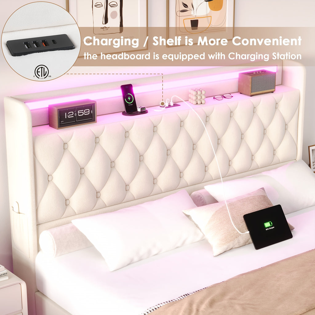 full queen size floating bed frame led lights charging - Temu