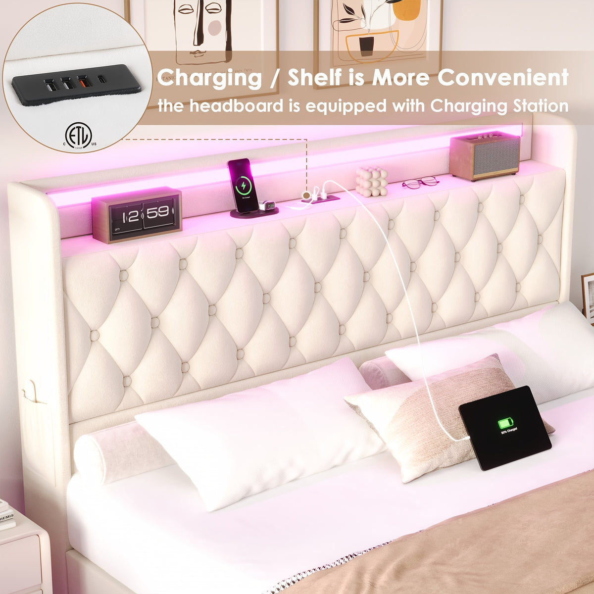 full queen size floating bed frame led lights charging - Temu