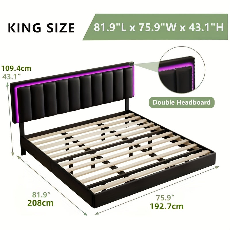 floating bed frame rgb led lights upholstered headboard - Temu