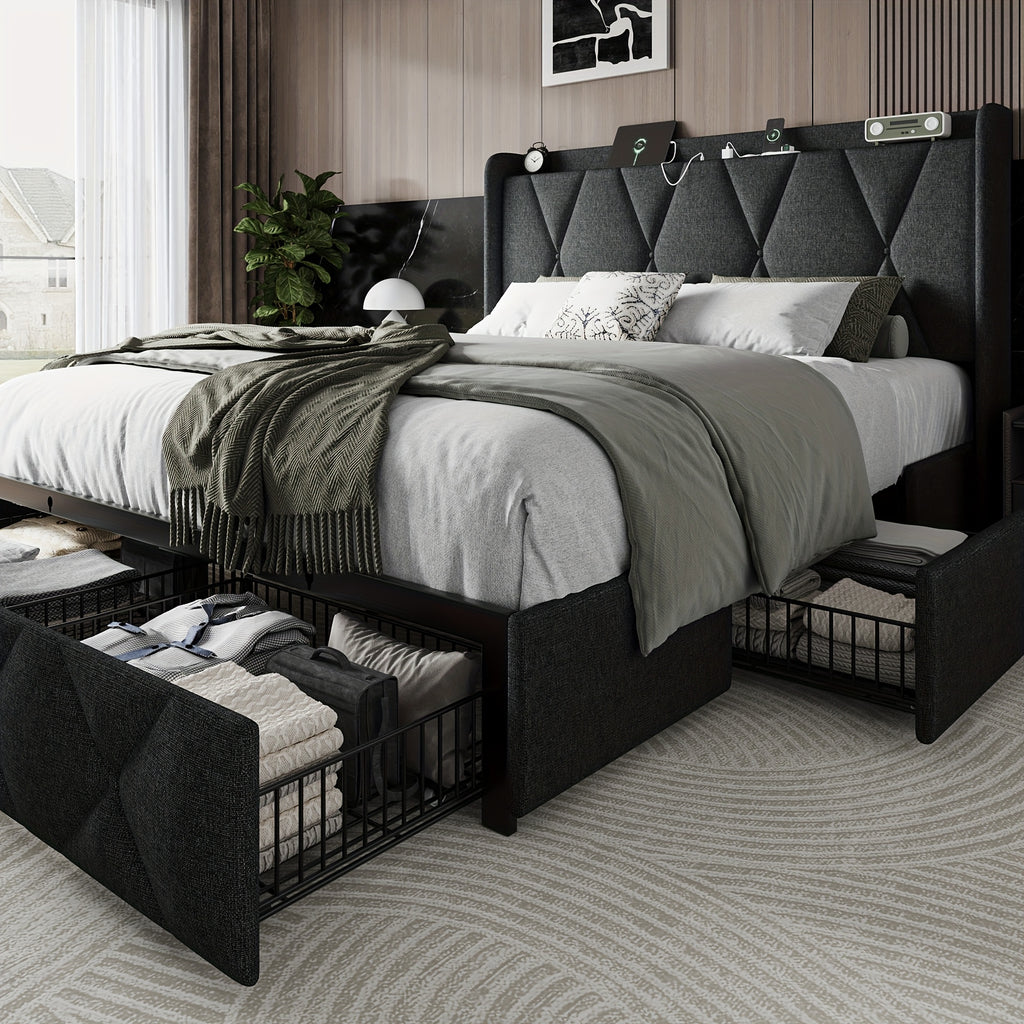 4 drawers storage bed frame wingback headboard - Temu