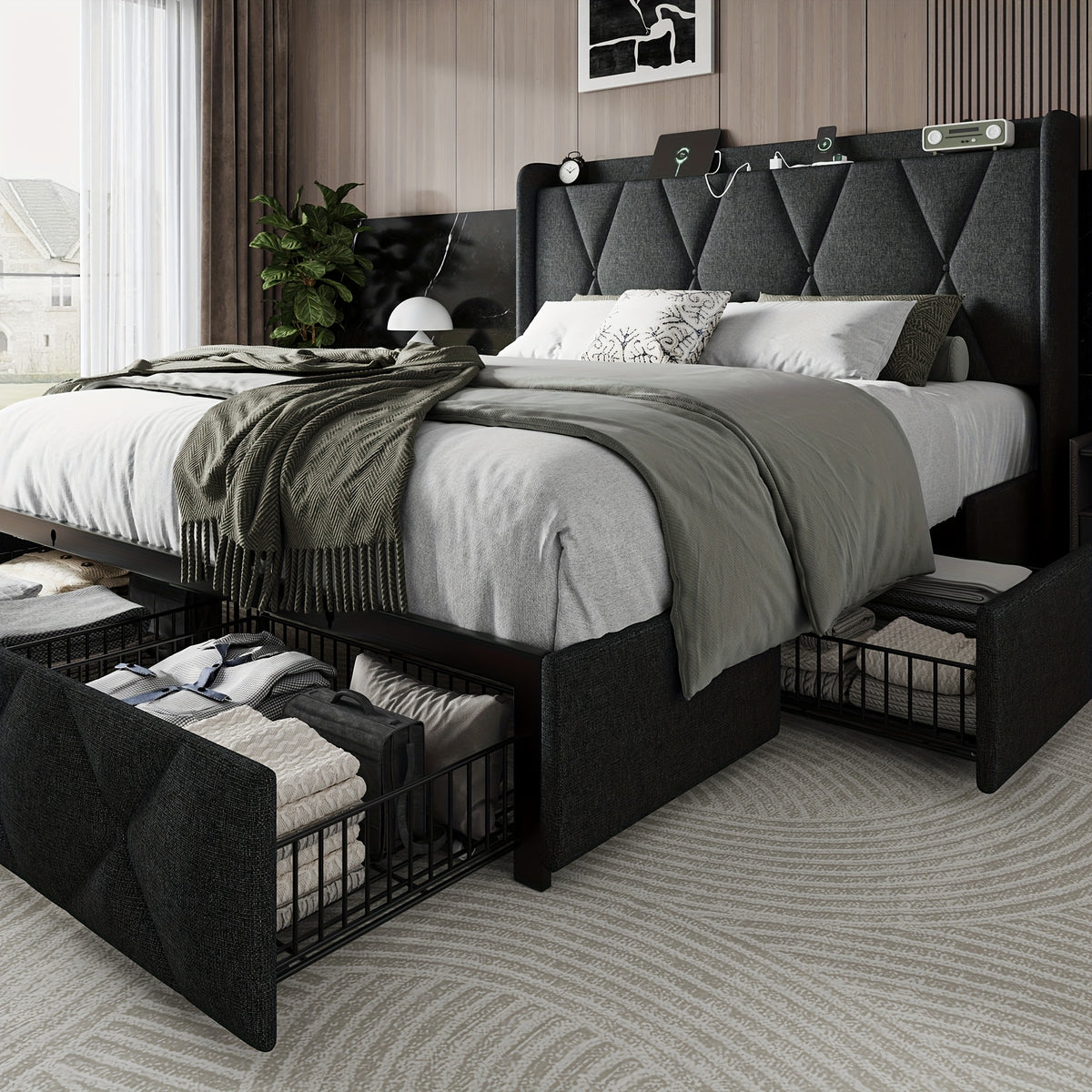 4 drawers storage bed frame wingback headboard - Temu