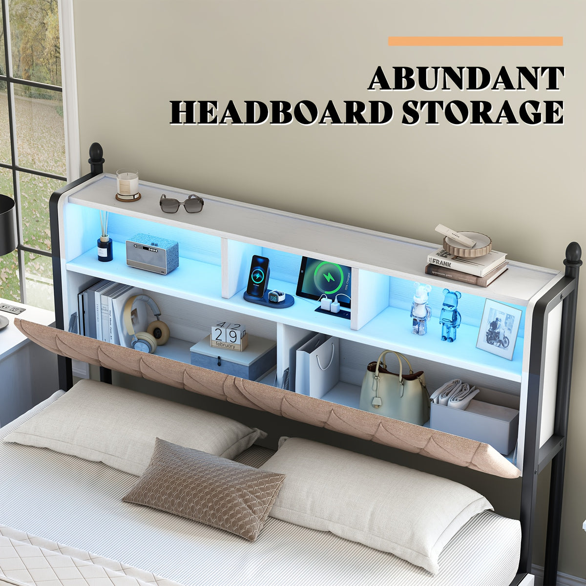 wooden platform bed bookcase headboard 4 storage drawers - Temu