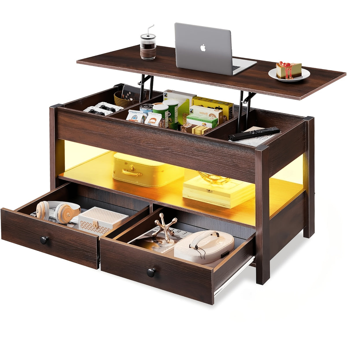 coffee table lift top coffee table 2 drawers led light large - Temu