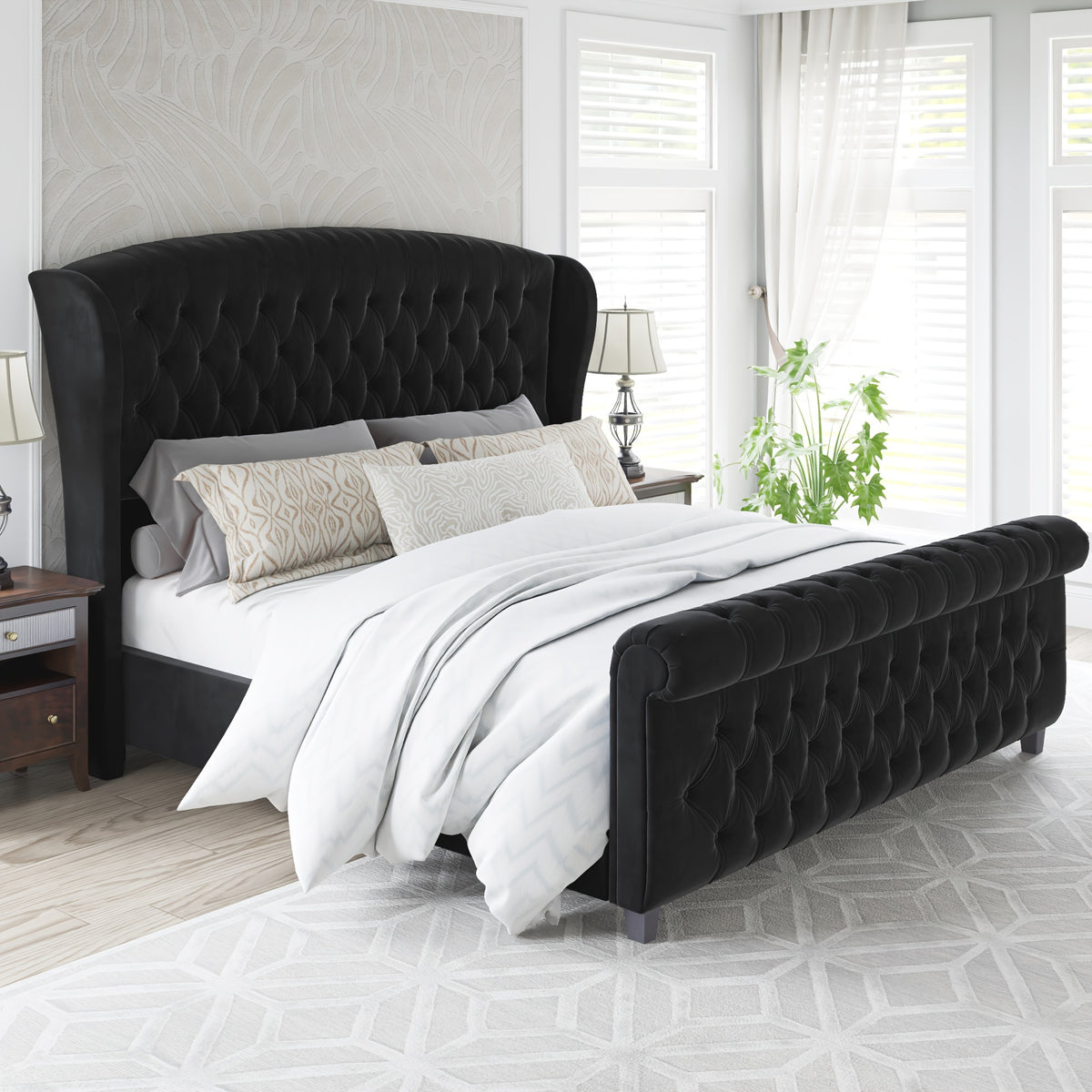 platform bed frame chenille upholstery featuring a scroll - Temu