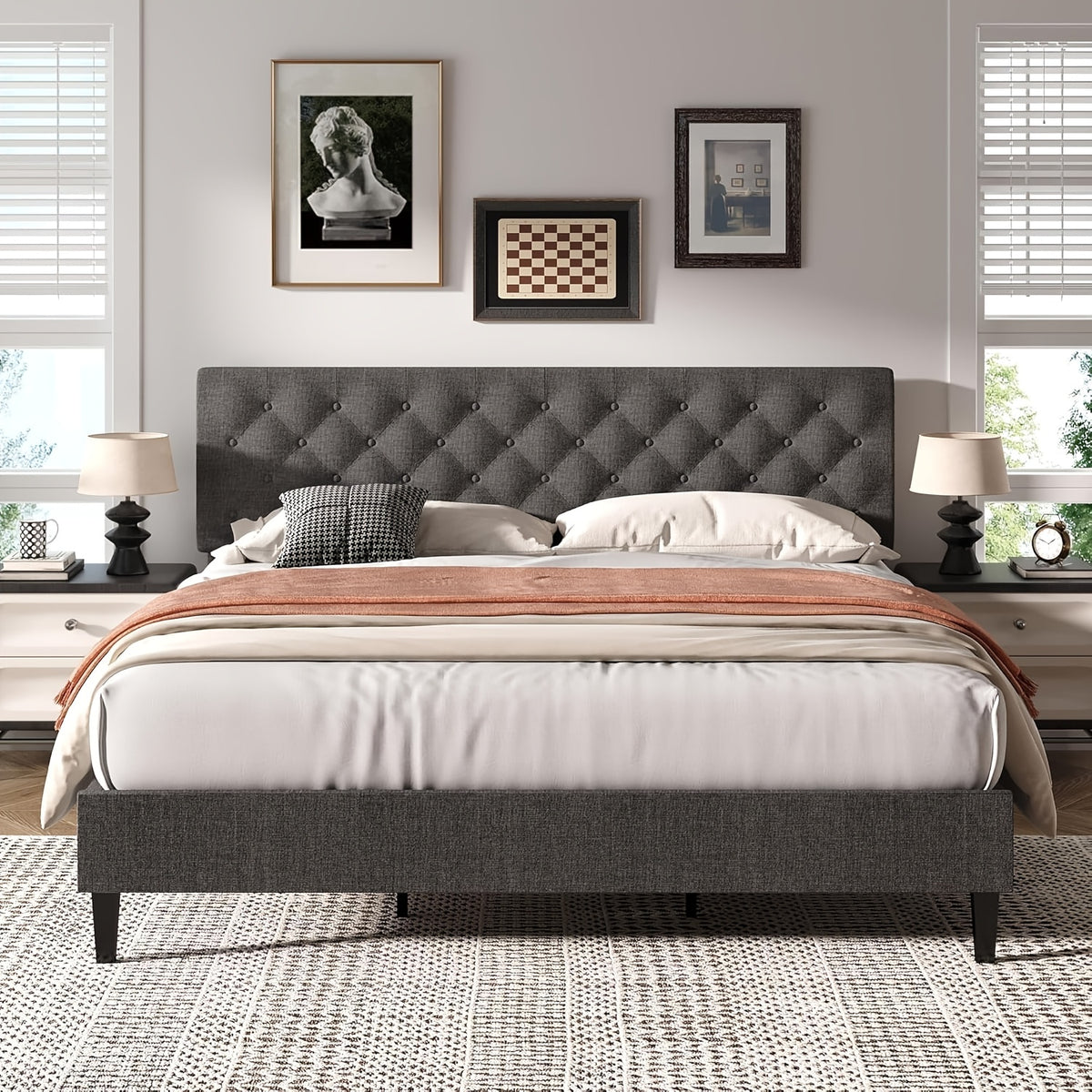 twin full queen king size bed frame headboard linen fabric - Temu