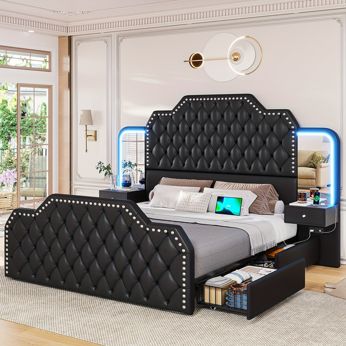 queen size bed frame 2 nightstands mirror modern platform - Temu