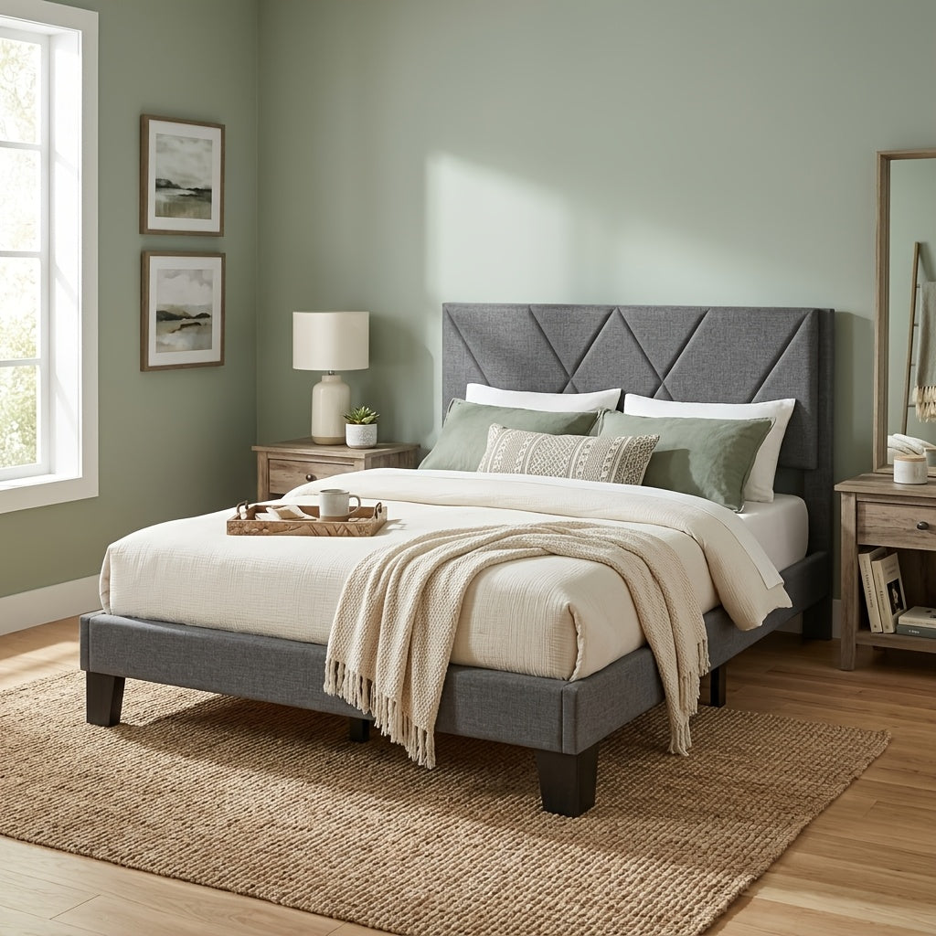 bed frame upholstered headboard wooden slat support heavy - Temu