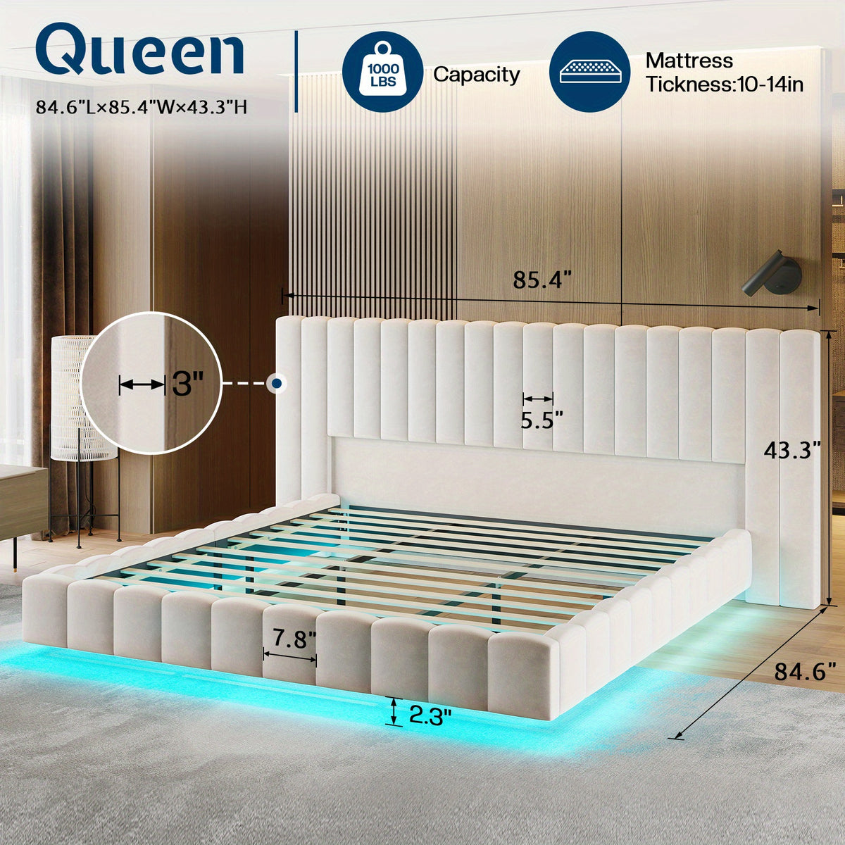 velvet upholstered bed frame wide headboard floating - Temu