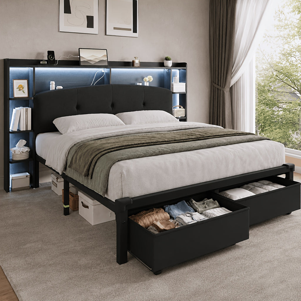 modern bed frame storage headboard 2 fabric drawers rgb led - Temu