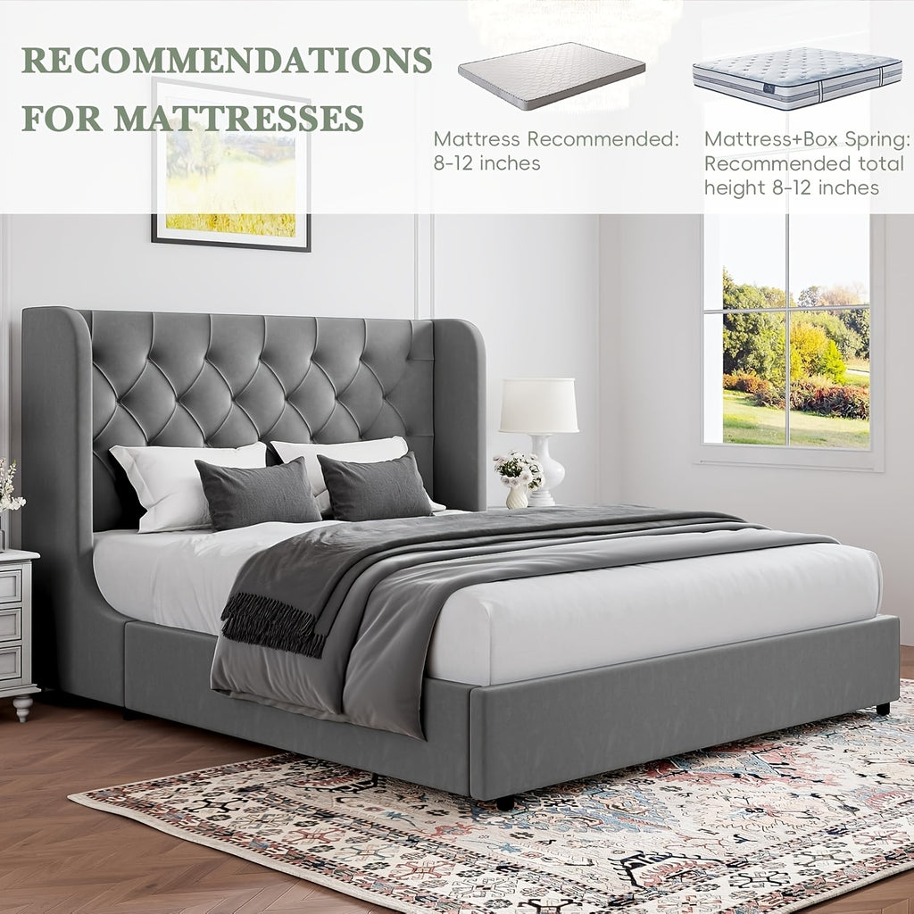 modern upholstered queen bed frame velvet headboard curved - Temu