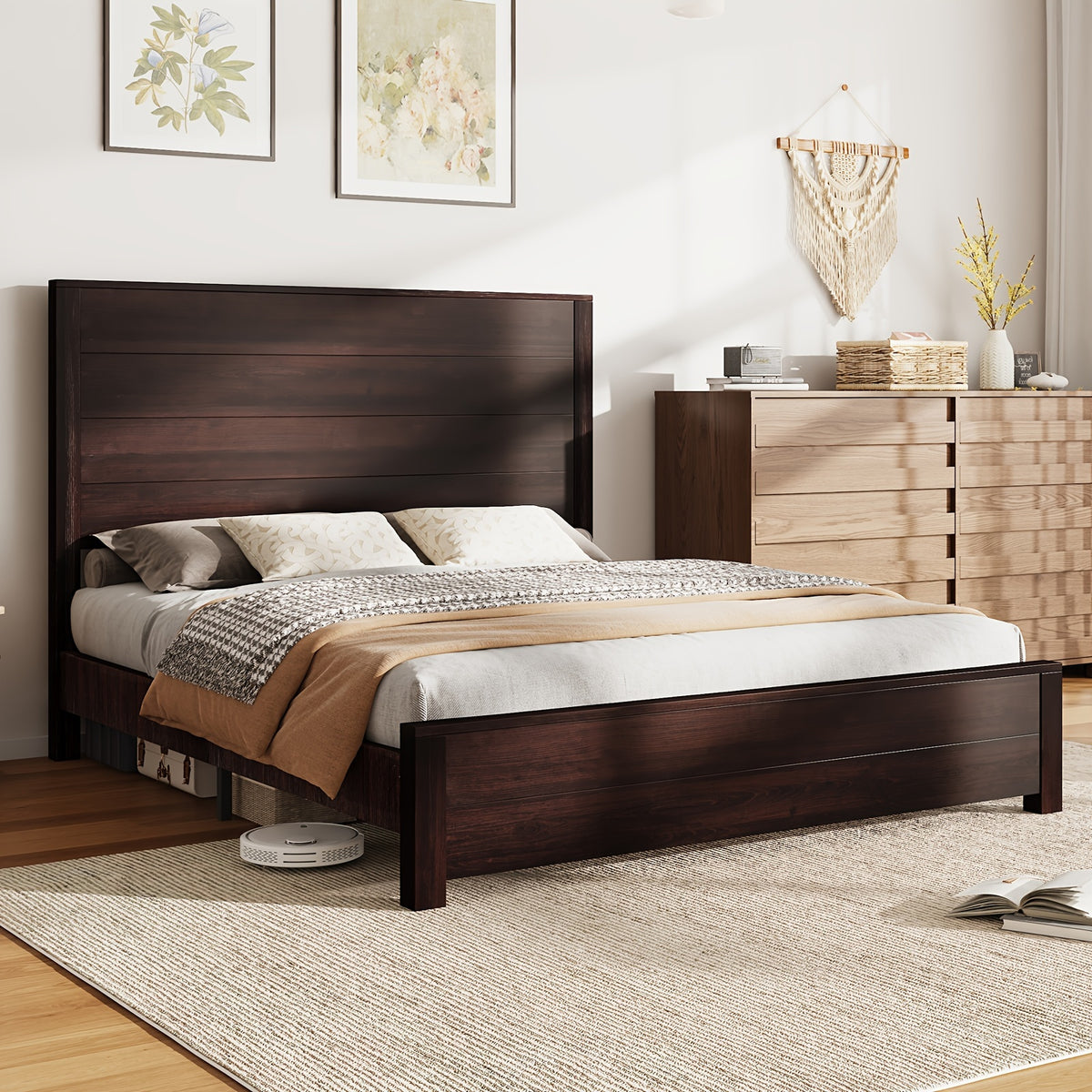 rustic solid wood platform bed frame spliced headboard noise - Temu