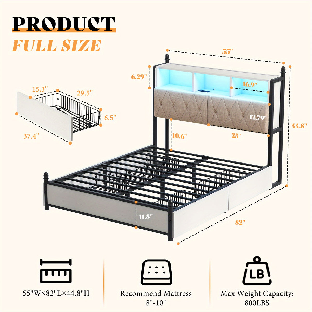 wooden platform bed bookcase headboard 4 storage drawers - Temu
