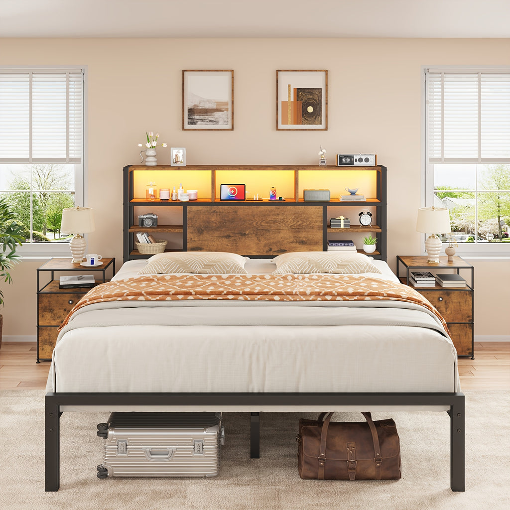 full queen king bed frame storage headboard led lights - Temu