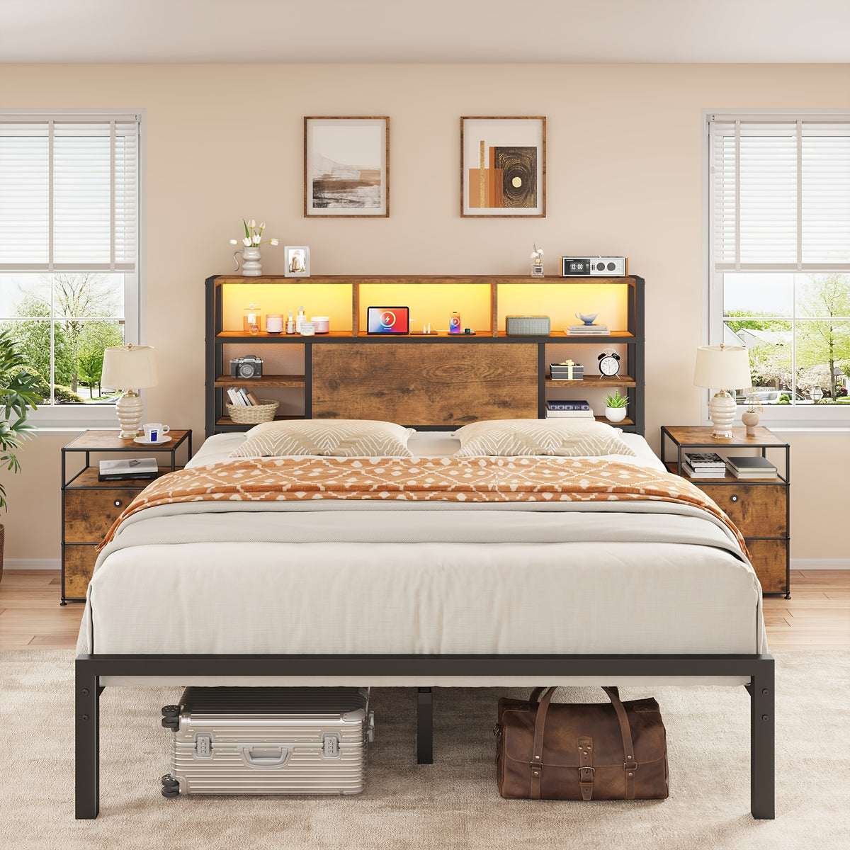 full queen king bed frame storage headboard led lights - Temu