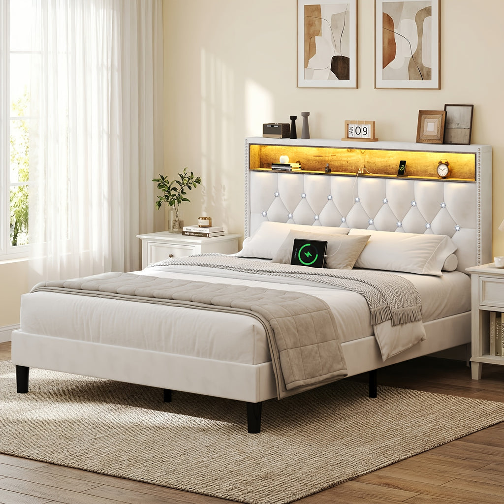 full queen king bed frame led lights velvet - Temu