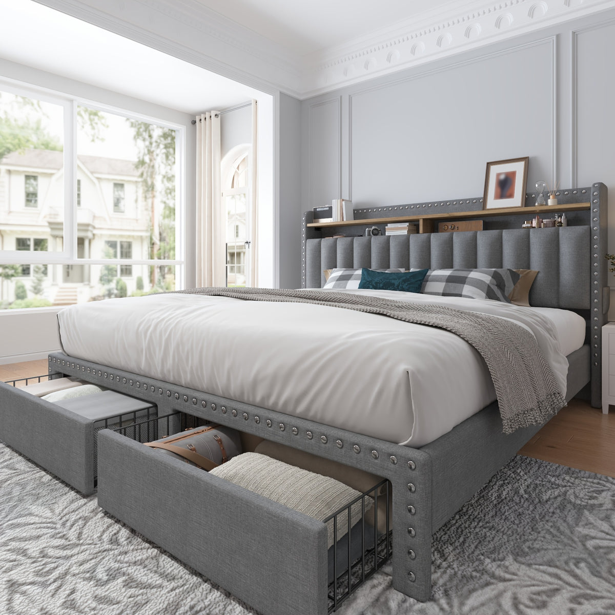 soft upholstered bed frame 2 storage drawers full queen king - Temu