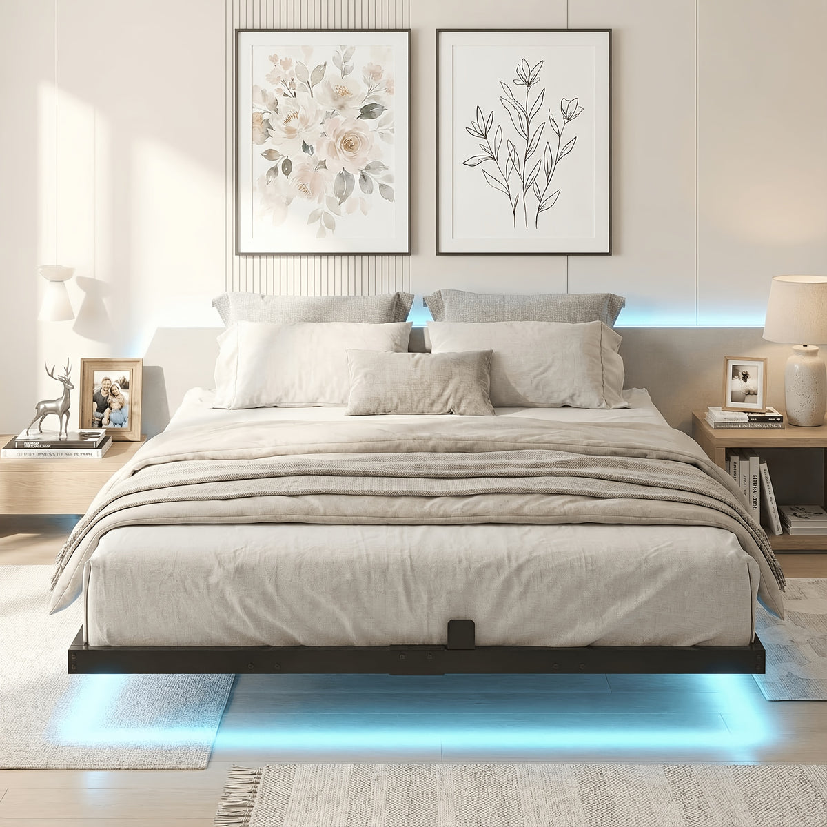 modern floating bed frame led lights full queen size heavy - Temu