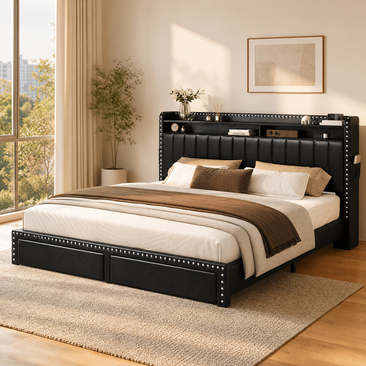 queen king size upholstered platform bed frame faux leather - Temu