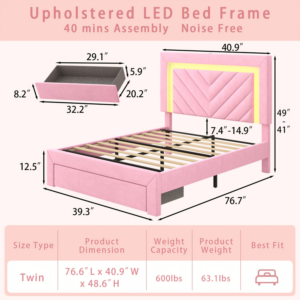 pink bed frame led headboard charging station 2 storage - Temu