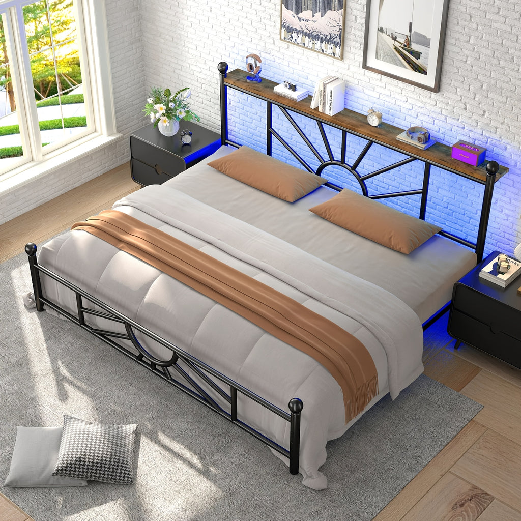 twin full queen king retro metal bed frame led lights - Temu