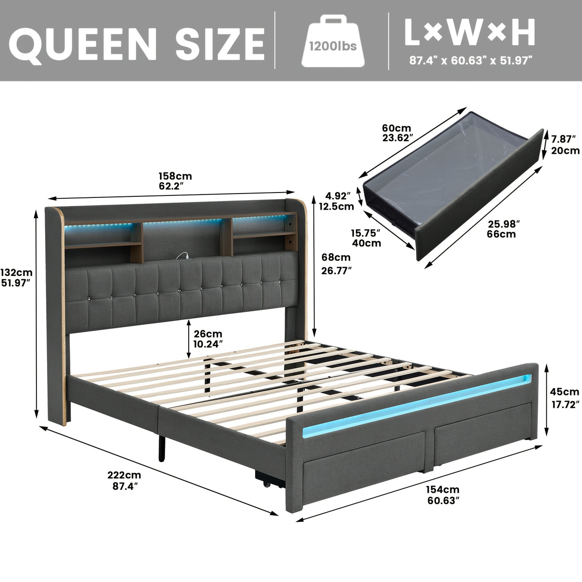 a queen sized bed frame featuring a headboard bookcase - Temu