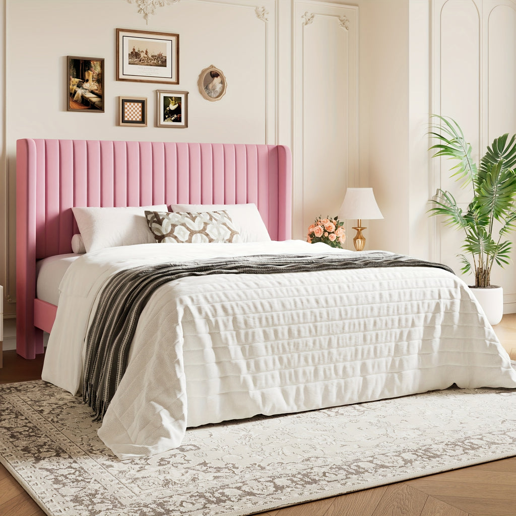 wingback velvet upholstered platform bed frame - Temu