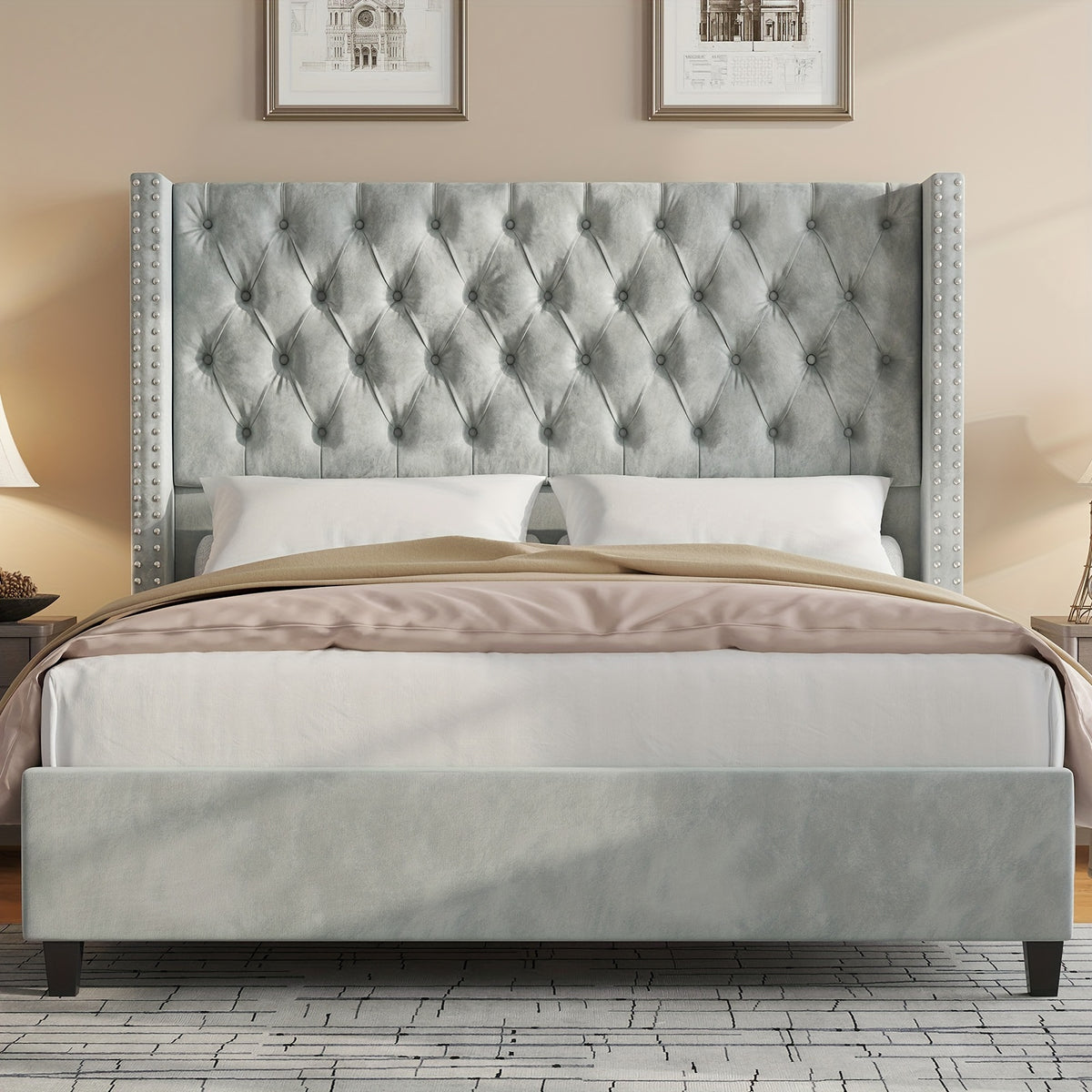 fabric bed   wingback headboard featuring - Temu