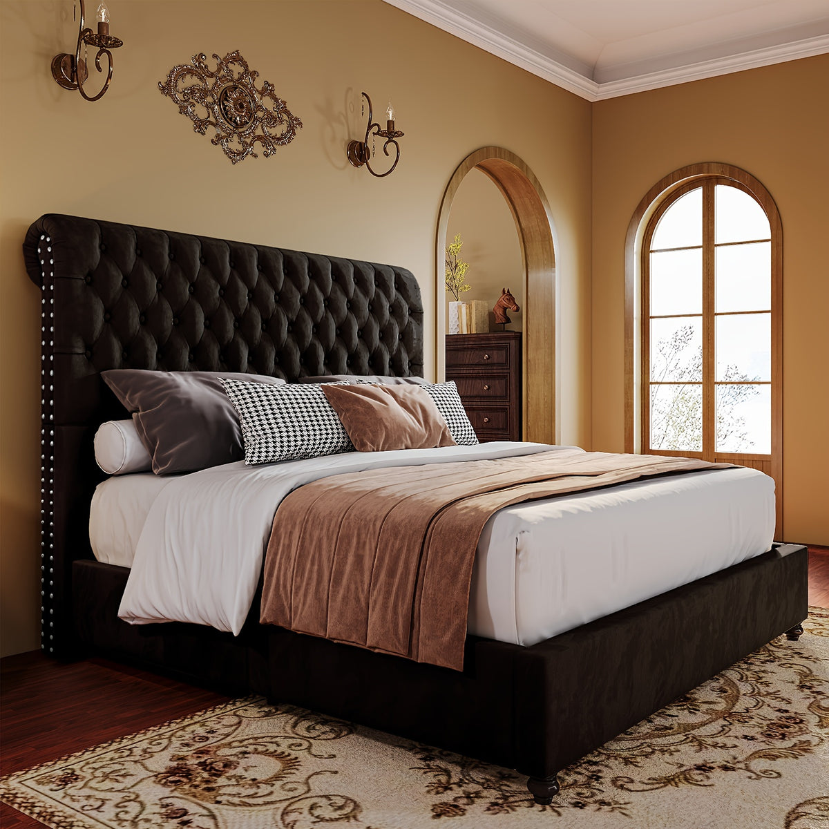 bed frame king queen size velvet tall headboard king - Temu