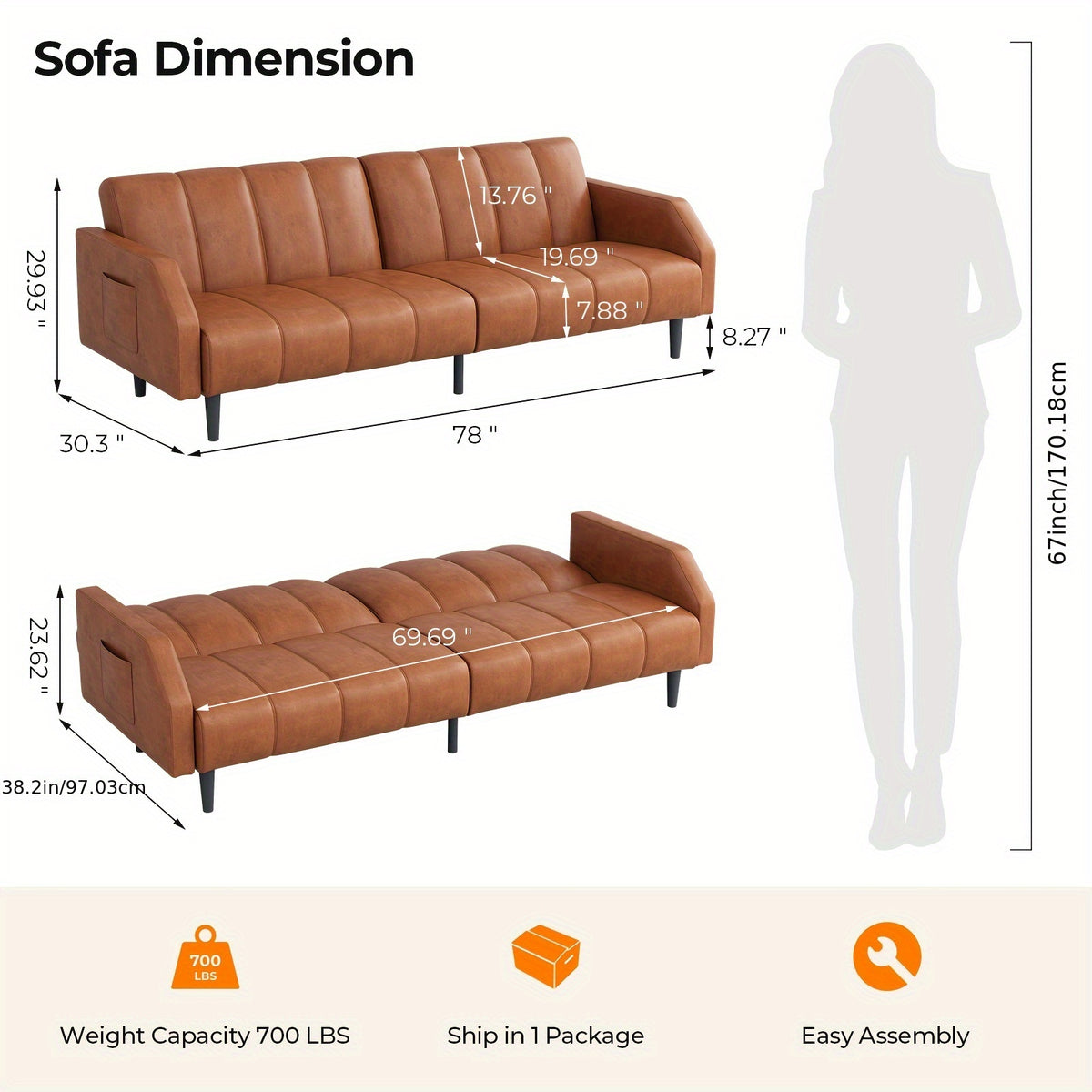faux leather futon sofa bed 78 inch piano   queen - Temu