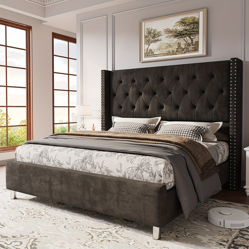 velvet upholstered bed frame wingback headboard no - Temu