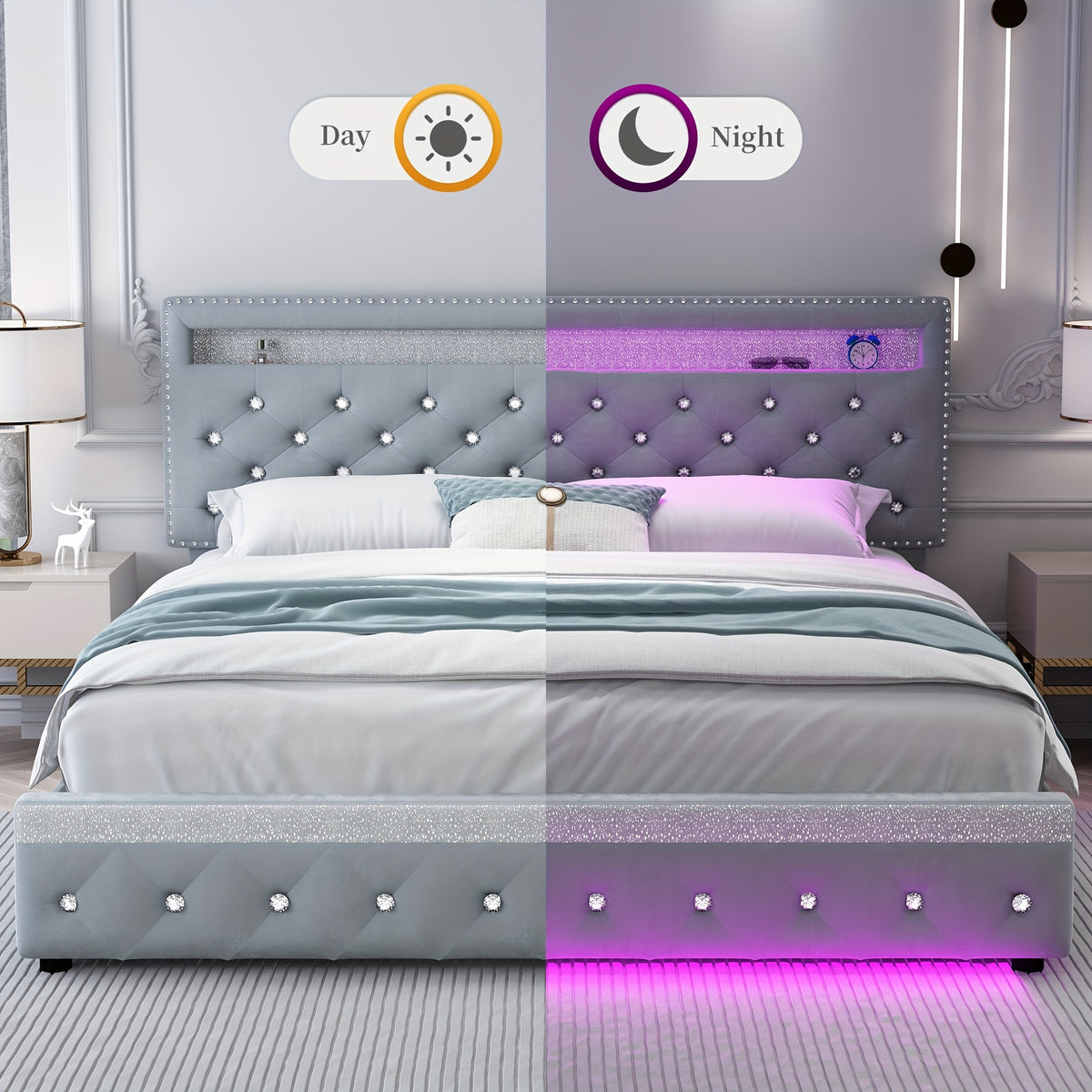 queen size bed frame led lights upholstered bed - Temu