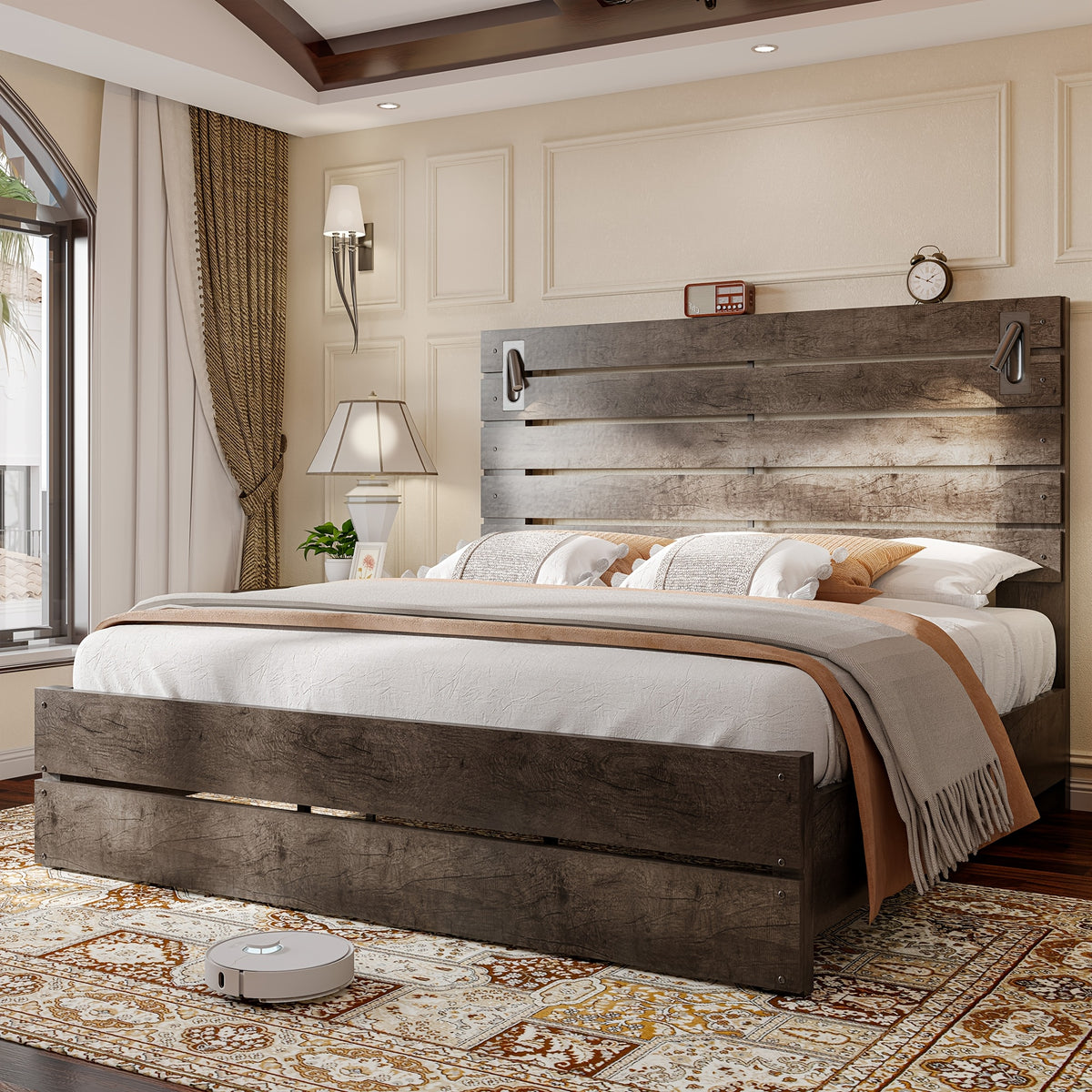 farmhouse platform bed frame 51 high headboard built - Temu