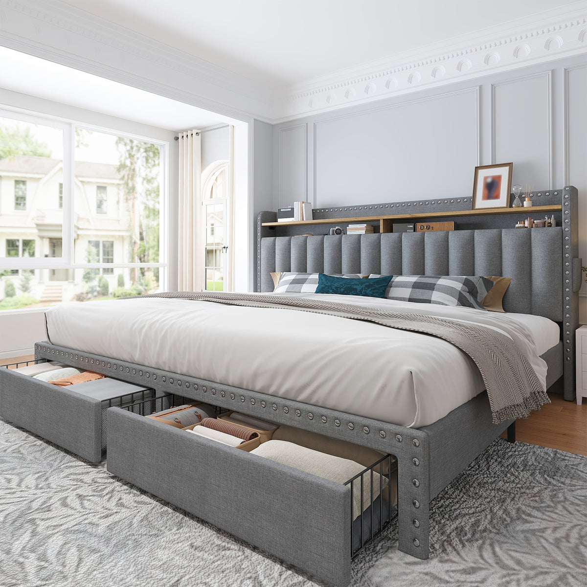 soft upholstered bed frame 2 storage drawers   mattress - Temu