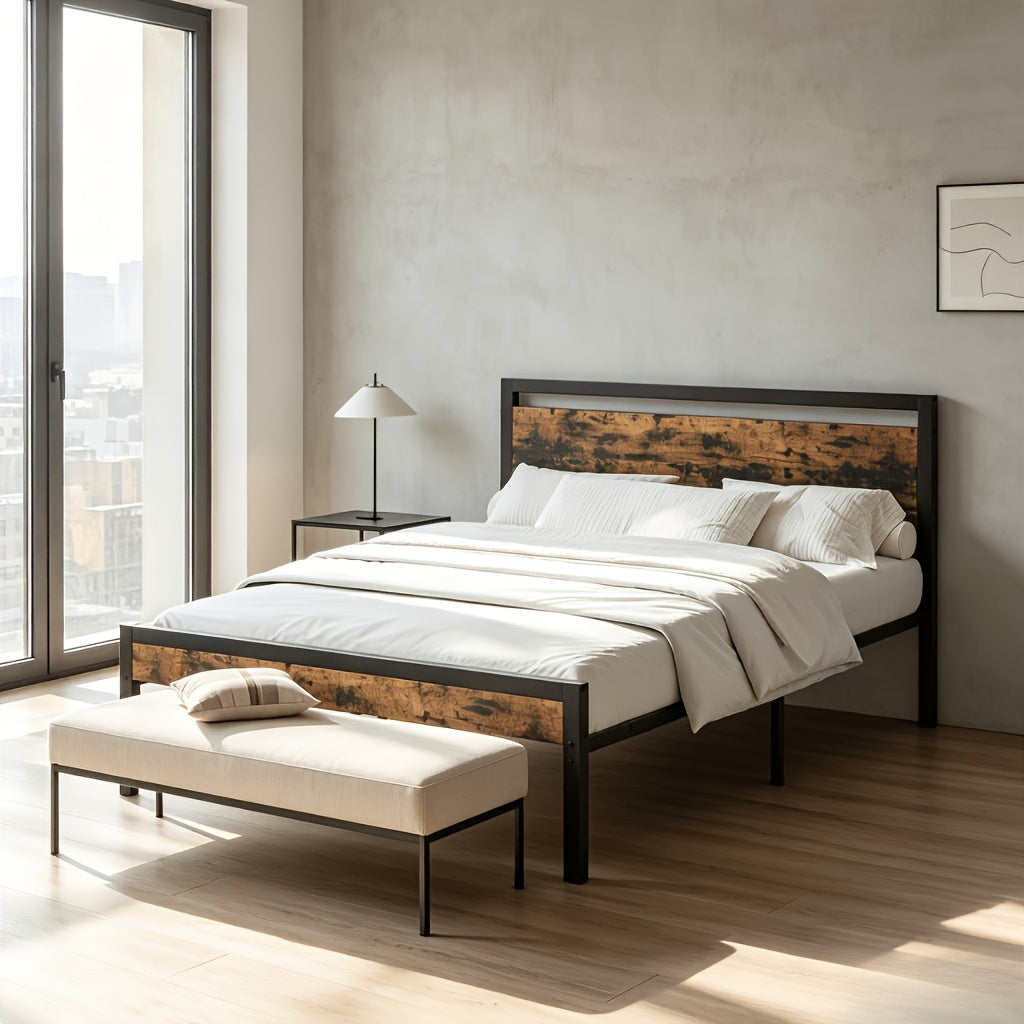 bed frame heavy duty metal platform bed wooden headboard - Temu