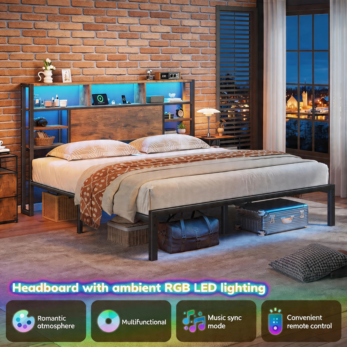 full queen king bed frame storage headboard led lights - Temu