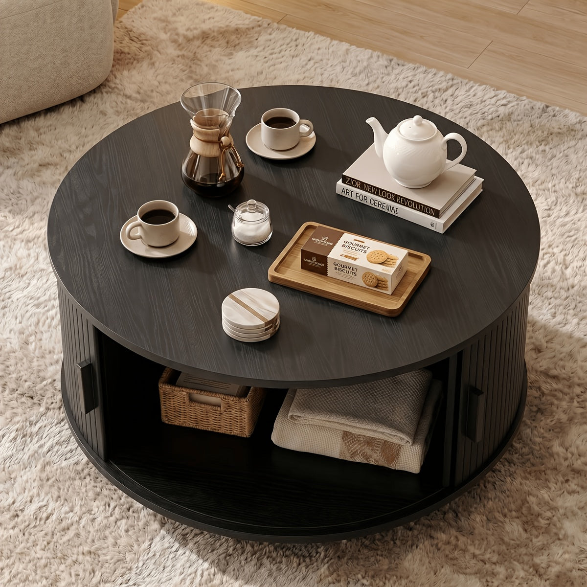 32 modern round coffee table sliding door storage wooden - Temu