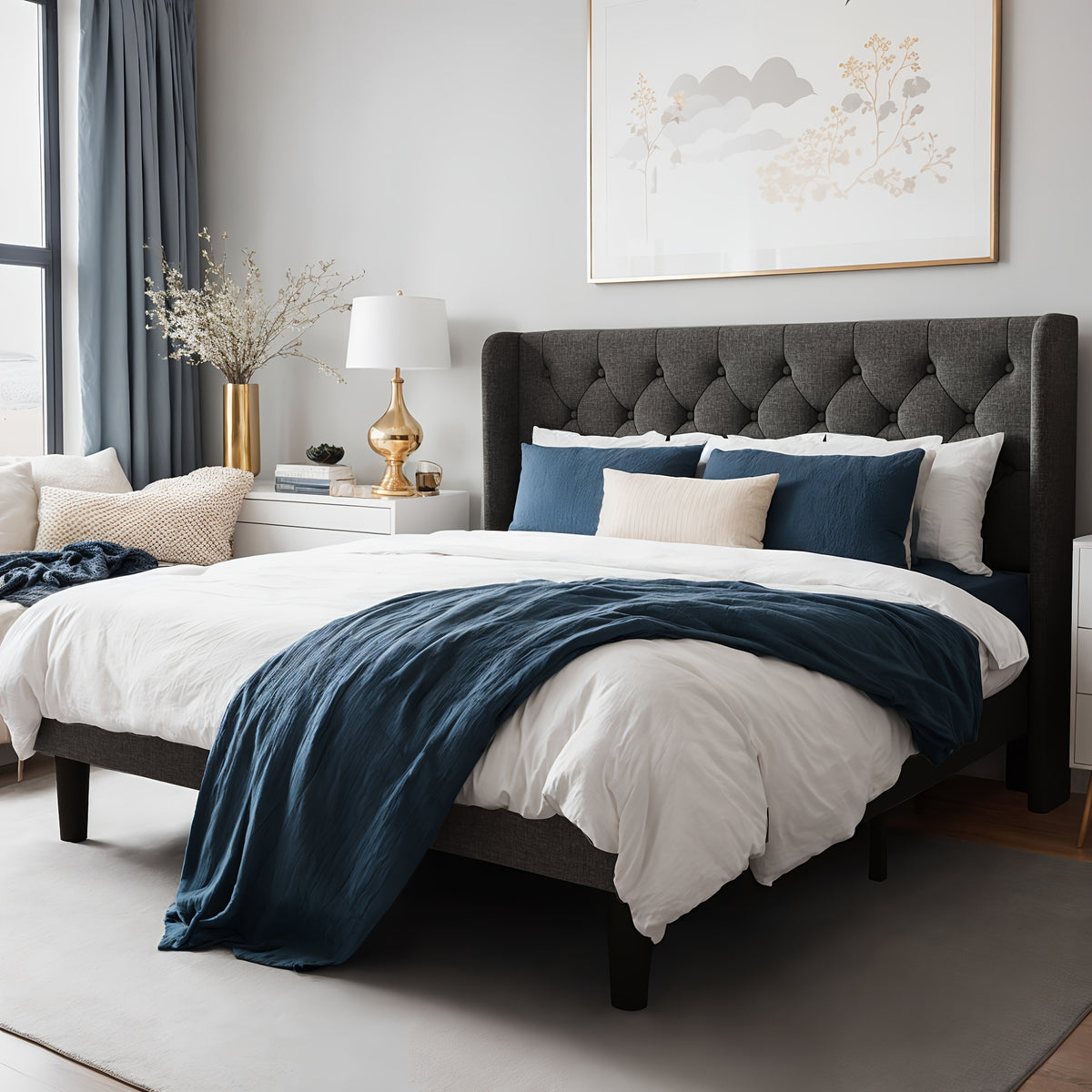 upholstered bed frame tufted wingback headboard - Temu