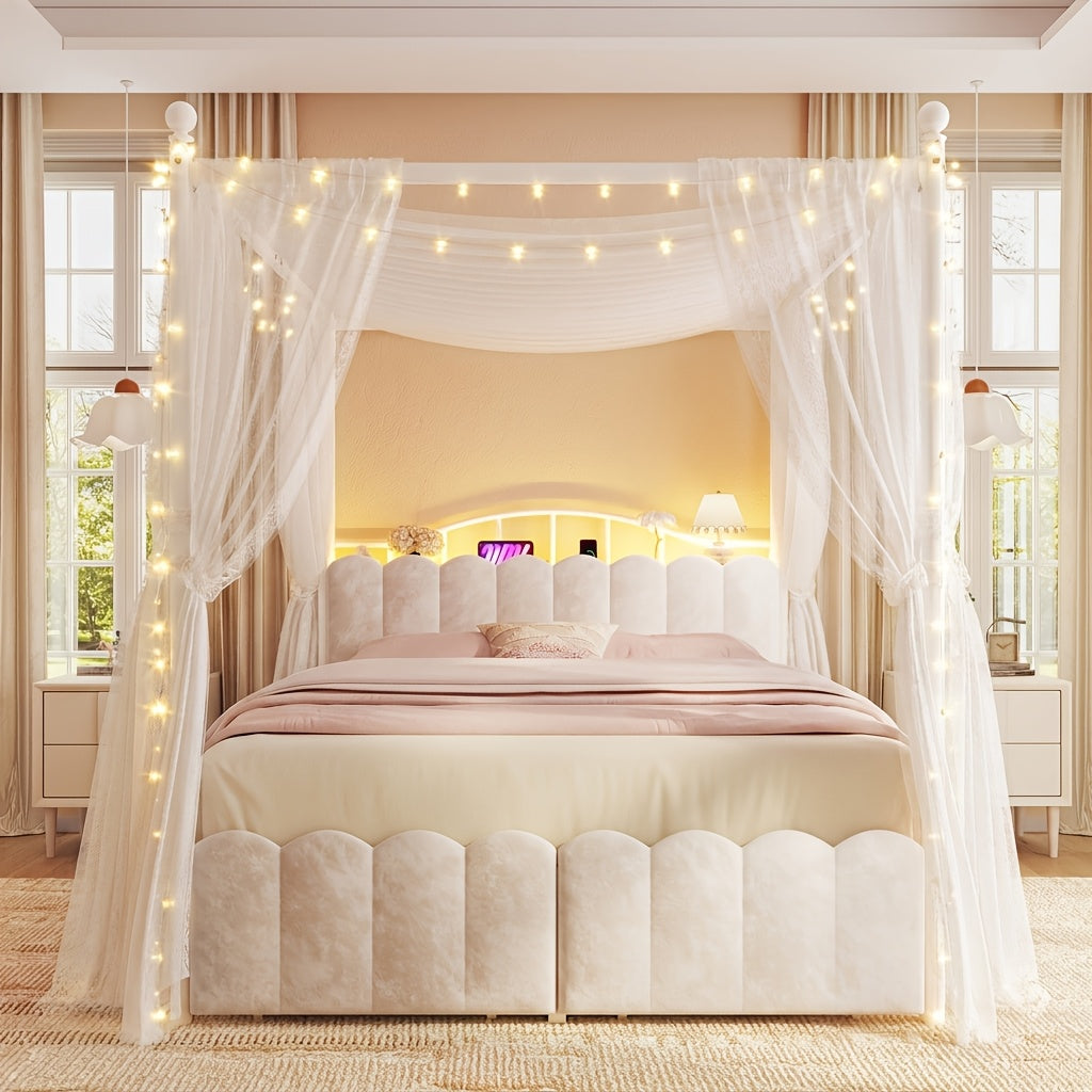 twin full queen upholstered canopy bed frame 2 drawers - Temu