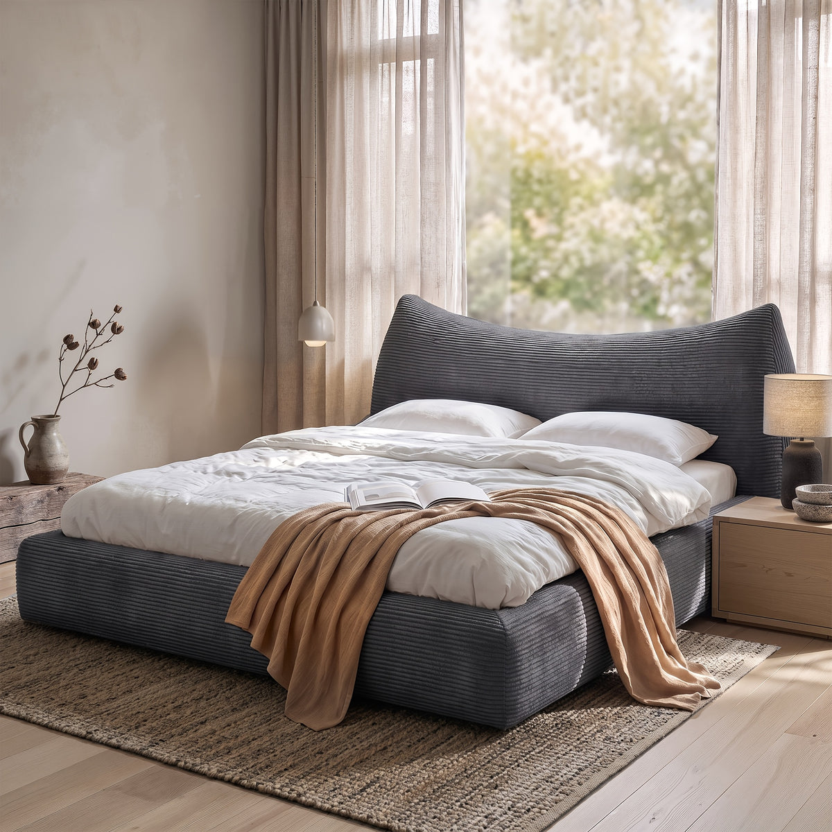 corduroy upholstered bed frame cat ear design - Temu