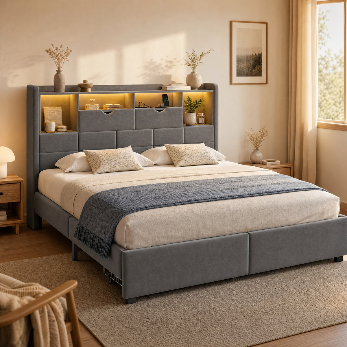 storage bed frame full queen king padded upholstered - Temu