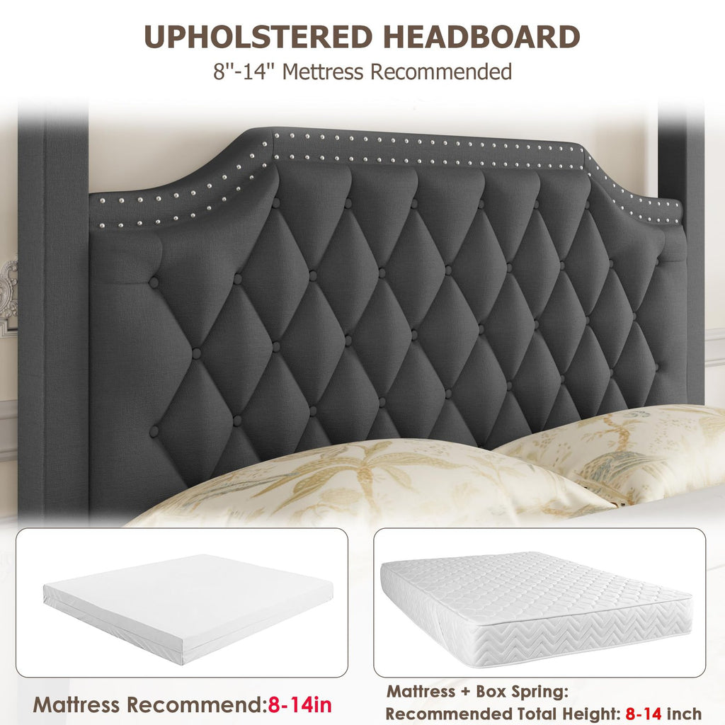queen full size wingback upholstered canopy platform bed - Temu