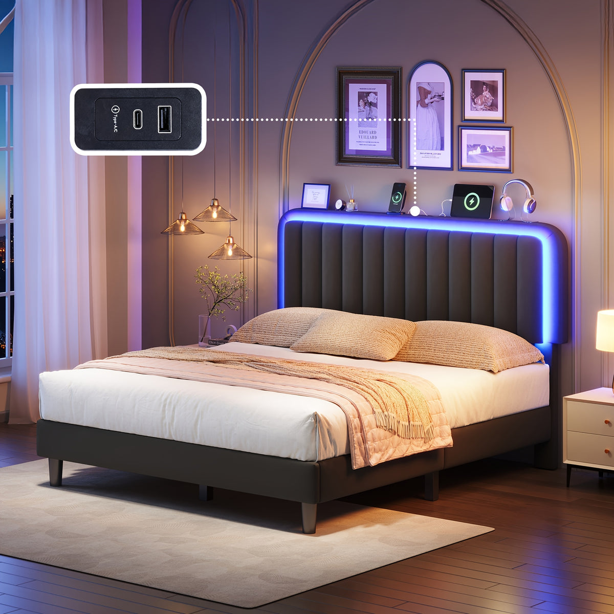 mraeer bed frame led lighting charging station full queen - Temu