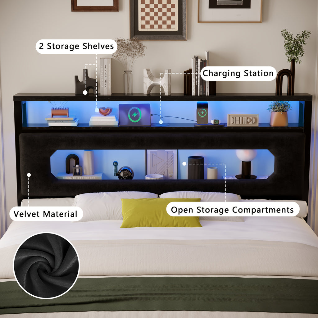 floating bed frame led lighting headboard built in storage - Temu