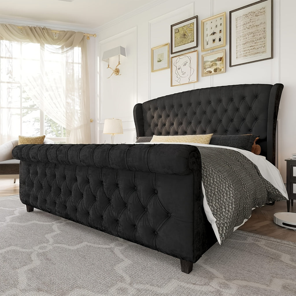 chenille upholstered platform bed frame scroll wingback - Temu