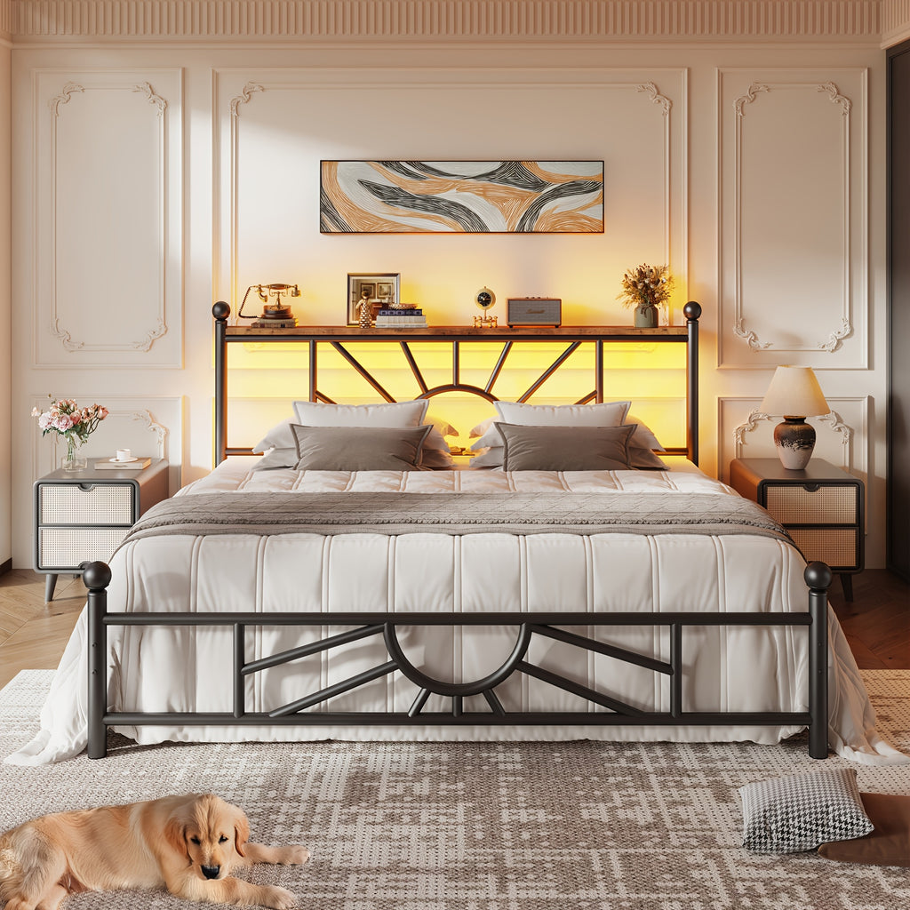 twin full queen king retro metal bed frame led lights - Temu